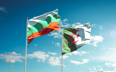 Beautiful national state flags of Algeria and Bulgaria together at the sky background. 3D artwork concept.