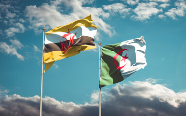 Beautiful national state flags of Algeria and Brunei together at the sky background. 3D artwork concept.