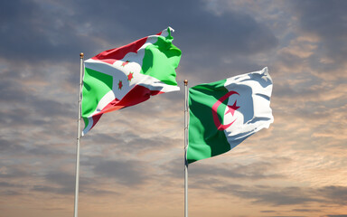Beautiful national state flags of Algeria and Burundi together at the sky background. 3D artwork concept.