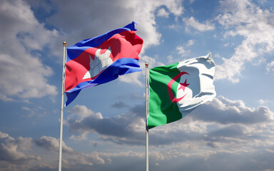 Beautiful national state flags of Algeria and Cambodia together at the sky background. 3D artwork concept.