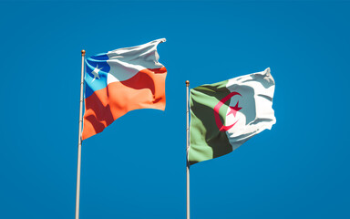 Beautiful national state flags of Algeria and Chile together at the sky background. 3D artwork concept.