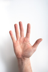 man hand on white background pointing five with fingers. palm of open hand