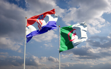 Beautiful national state flags of Algeria and Croatia together at the sky background. 3D artwork concept.