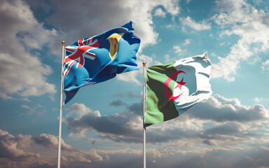 Beautiful national state flags of Turks and Caicos Islands and Algeria together at the sky background. 3D artwork concept.