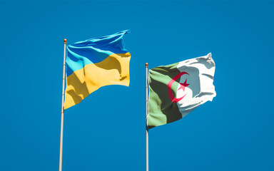 Beautiful national state flags of Ukraine and Algeria together at the sky background. 3D artwork concept.