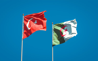 Fototapeta premium Beautiful national state flags of Turkey and Algeria together at the sky background. 3D artwork concept.
