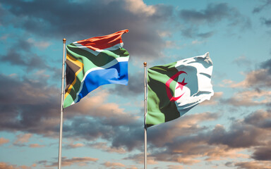 Beautiful national state flags of South Africa and Algeria together at the sky background. 3D artwork concept.
