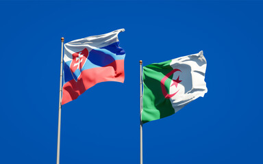 Beautiful national state flags of Slovakia and Algeria together at the sky background. 3D artwork concept.