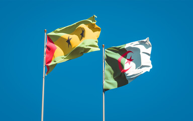 Beautiful national state flags of Sao Tome and Principe and Algeria together at the sky background. 3D artwork concept.