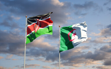 Beautiful national state flags of Kenya and Algeria together at the sky background. 3D artwork concept.