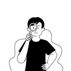 Searching Something Boy With Magnifier Black and White Illustration