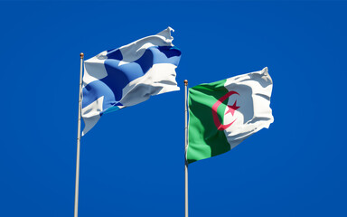 Beautiful national state flags of Finland and Algeria together at the sky background. 3D artwork concept.