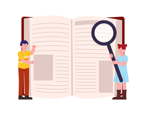 Searching Book With Magnifier Glass Two Kids Illustration Flat Cartoon