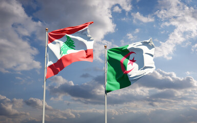 Beautiful national state flags of Lebanon and Algeria together at the sky background. 3D artwork concept.