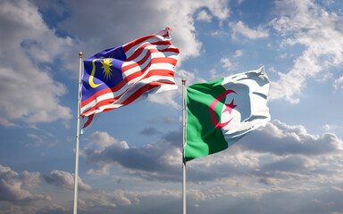 Beautiful national state flags of Malaysia and Algeria together at the sky background. 3D artwork concept.