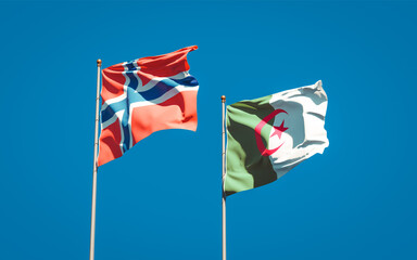 Beautiful national state flags of Norway and Algeria together at the sky background. 3D artwork concept.