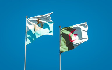 Beautiful national state flags of San Marino and Algeria together at the sky background. 3D artwork concept.