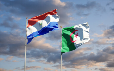 Beautiful national state flags of Paraguay and Algeria together at the sky background. 3D artwork concept.