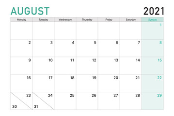 2021 August illustration vector desk calendar weeks start on Monday in light green and white theme - obrazy, fototapety, plakaty