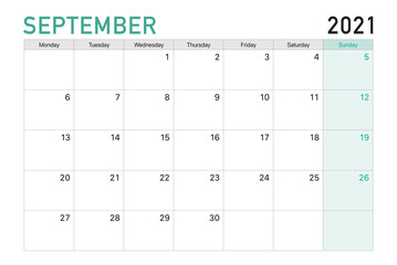 2021 September illustration vector desk calendar weeks start on Monday in light green and white theme - obrazy, fototapety, plakaty