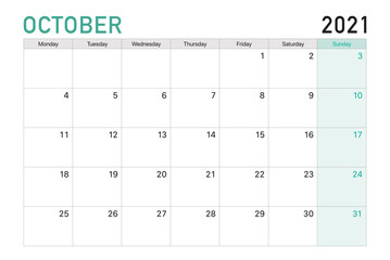 2021 October illustration vector desk calendar weeks start on Monday in light green and white theme - obrazy, fototapety, plakaty