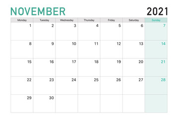 Fototapeta 2021 November illustration vector desk calendar weeks start on Monday in light green and white theme obraz