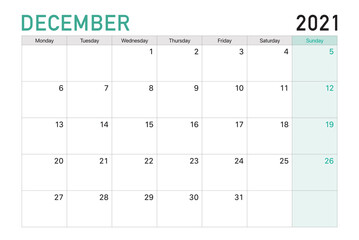 2021 December illustration vector desk calendar weeks start on Monday in light green and white theme