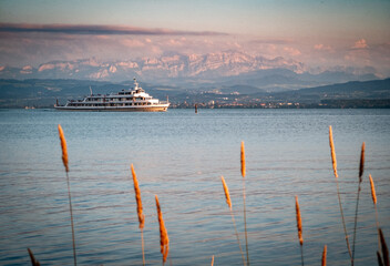 Passenger boat riding into the sunset in front of the nice Säntis mountain in Switzerland