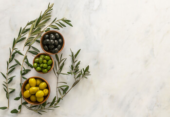 Pickled green and black olives served in bowls with fresh tree sprigs.