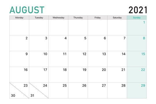 2021 August illustration vector desk calendar weeks start on Monday in light green and white theme