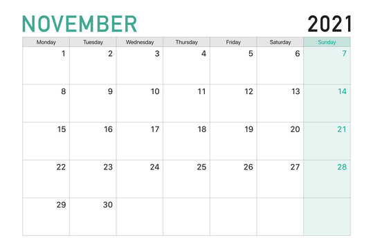2021 November illustration vector desk calendar weeks start on Monday in light green and white theme
