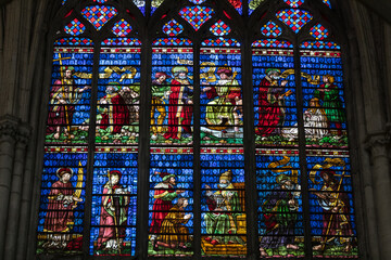 Colorful stained glass windows in Troyes Cathedral  dedicated to Saint Peter and Saint Paul....