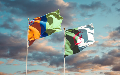 Beautiful national state flags of Sultanate of M'Simbati and Algeria together at the sky background. 3D artwork concept.
