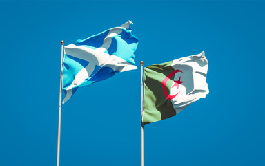 Beautiful national state flags of Scotland and Algeria together at the sky background. 3D artwork concept.
