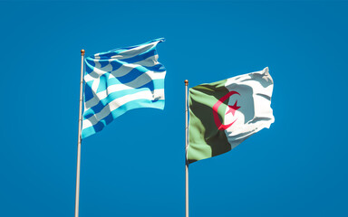 Beautiful national state flags of Greece and Algeria together at the sky background. 3D artwork concept.