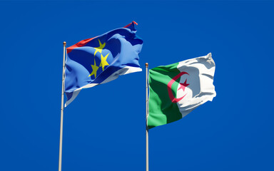 Beautiful national state flags of Vojvodina and Algeria together at the sky background. 3D artwork concept.