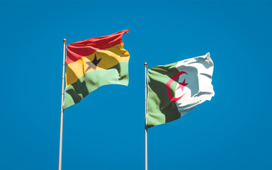 Beautiful national state flags of Ghana and Algeria together at the sky background. 3D artwork concept.