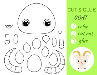 Simple educational game coloring page cut and glue sitting baby goat for kids. Educational paper game for preschool children. Color, cut parts and glue on paper. Vector stock illustration.