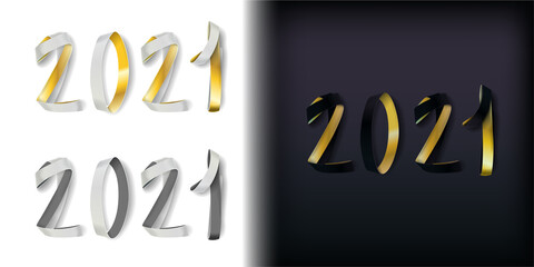 Ribbon numerals happy new year 2021 in three color versions: white and gold, white and silver, black and gold. - 391460056