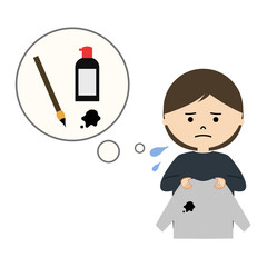 墨汁で汚れた服に困る女性のイラスト