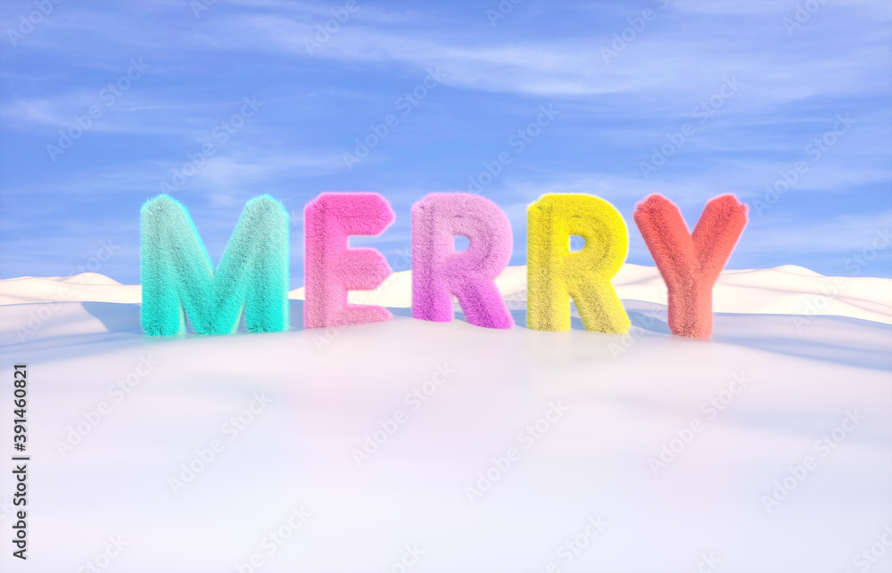 Poster merry phrase with fluffy texture on winter background. christmas and happy new year concept. 3d rend