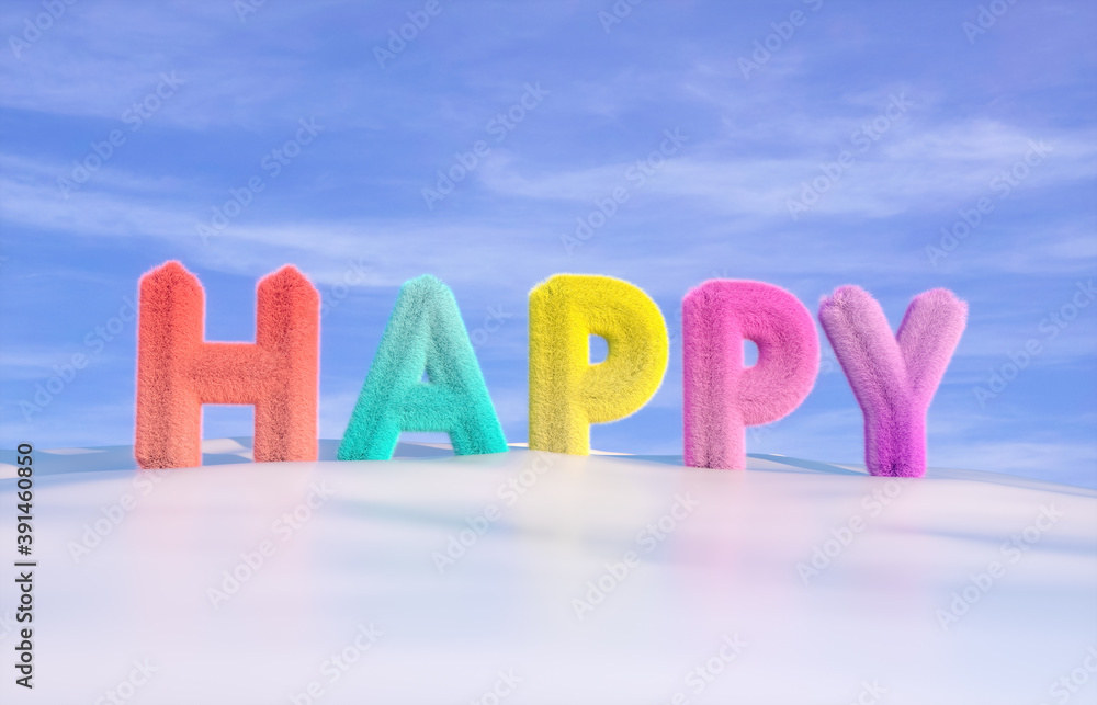 Poster happy phrase with fluffy texture on winter background. christmas and happy new year concept. 3d rend