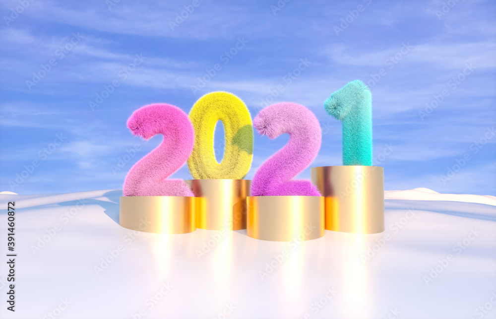Poster Happy new year 2021 text with fluffy texture on winter background.  3d render.