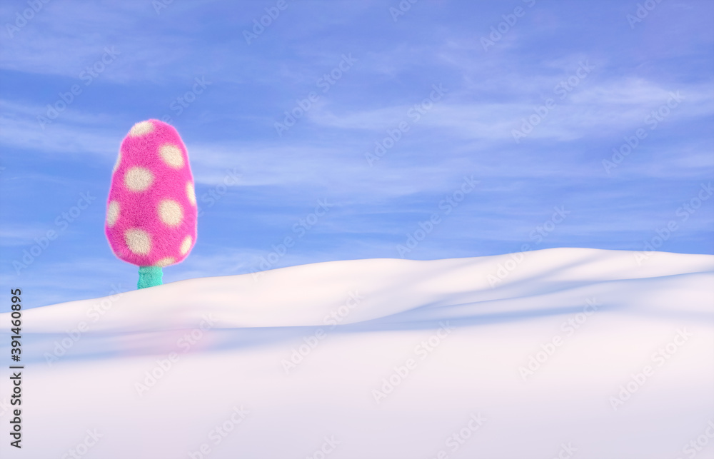 Poster fluffy christmas tree on winter background. 3d render.
