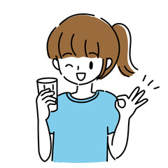 飲み物を飲んでOKサインをする女性のイラスト