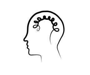 Silhouette of a head and tangled brain on a white background. Sketch. Vector illustration.