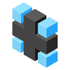 Corporate logo concept. Colored black and blue isometric blocks. Cross shape