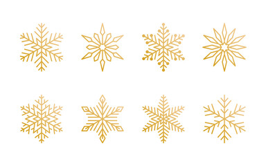 Christmas snowflakes collection isolated on white background. Cute gold gradient snow icons with intricate silhouette. Nice line doodle decorative element for New year banner, cards or ornament