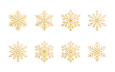 Christmas snowflakes collection isolated on white background. Cute gold gradient snow icons with intricate silhouette. Nice line doodle decorative element for New year banner, cards or ornament