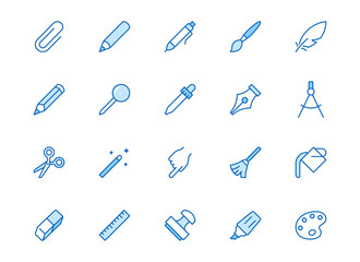 Drawing tools line icons set. Pen, pencil, paintbrush, dropper, stamp, smudge, paint bucket minimal vector illustrations. Simple outline signs for web interface. Blue color, Editable Stroke
